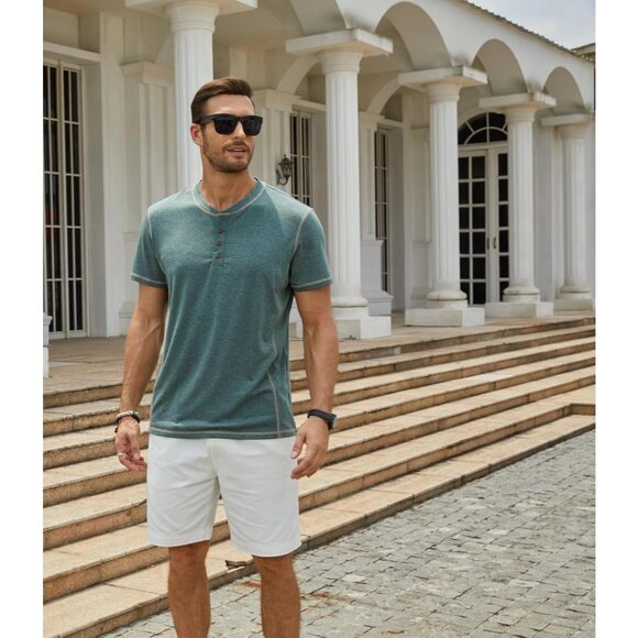 Mens Black Short Sleeve Henley Shirt Casual Button Tee Cotton Summer Top - Picture 5 of 7